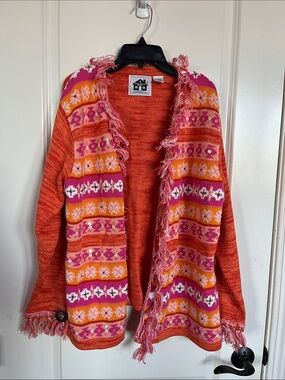 Y2K Geometric Storybook Knits Fringe Knit Cardigan Size L